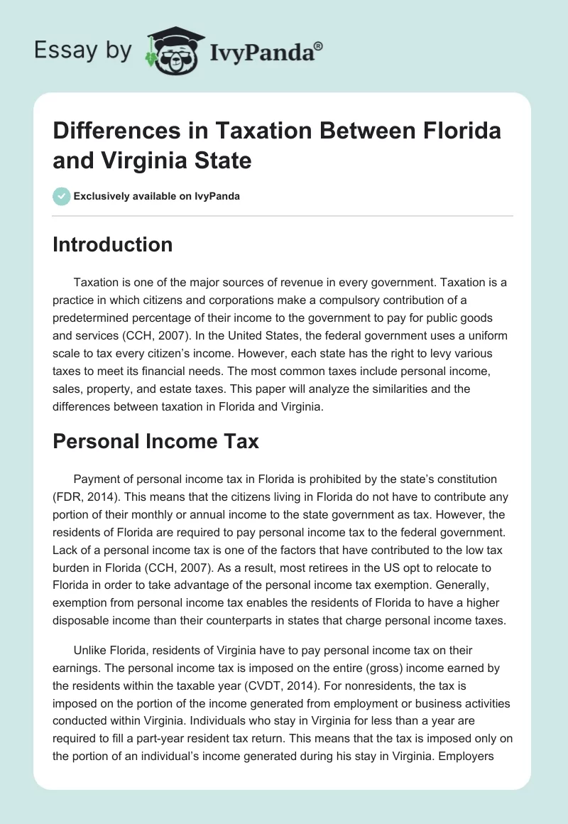 Differences in Taxation Between Florida and Virginia State. Page 1