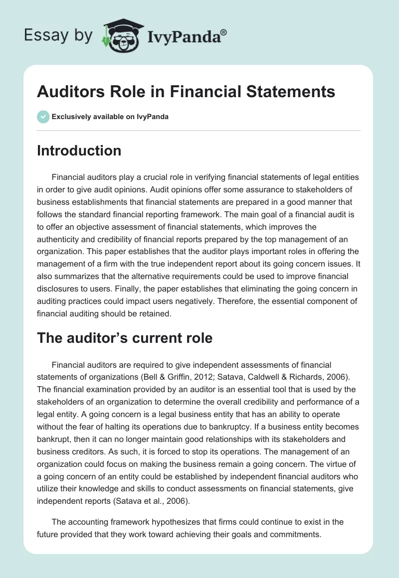 Auditors Role in Financial Statements. Page 1