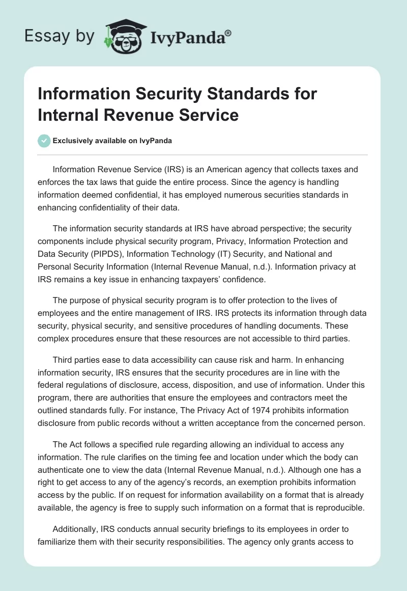 Information Security Standards for Internal Revenue Service. Page 1
