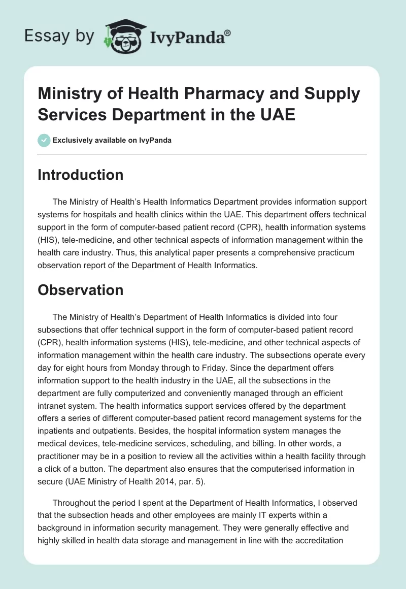 Ministry of Health Pharmacy and Supply Services Department in the UAE. Page 1