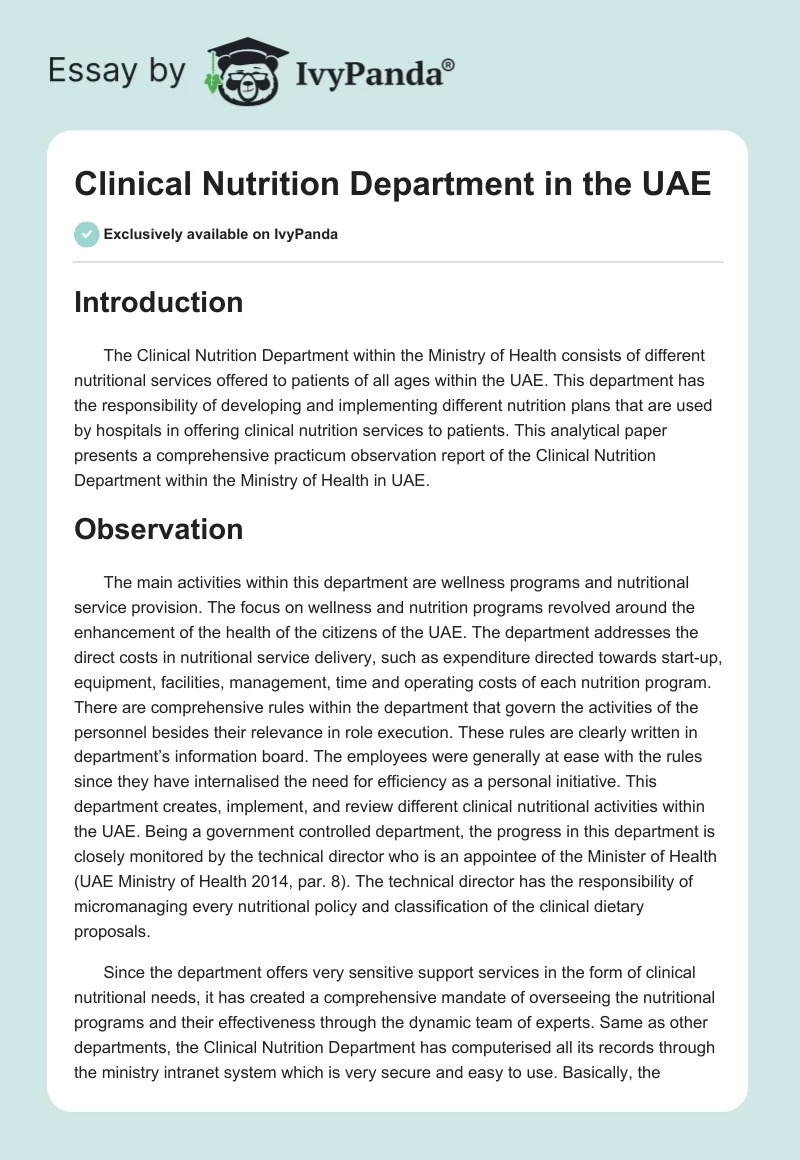 Clinical Nutrition Department in the UAE. Page 1