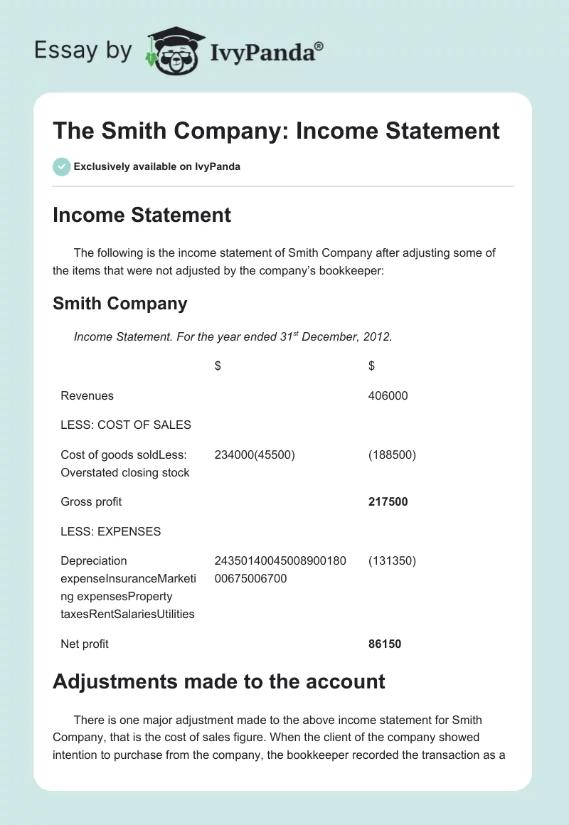 The Smith Company: Income Statement. Page 1