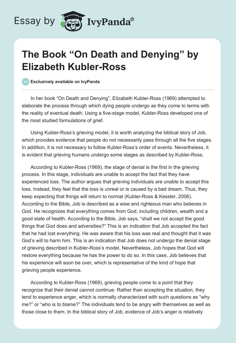 The Book “On Death and Denying” by Elizabeth Kubler-Ross. Page 1