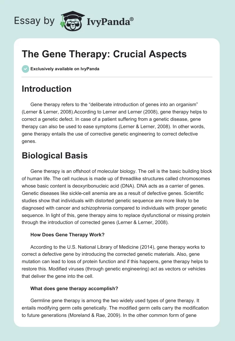 The Gene Therapy: Crucial Aspects. Page 1
