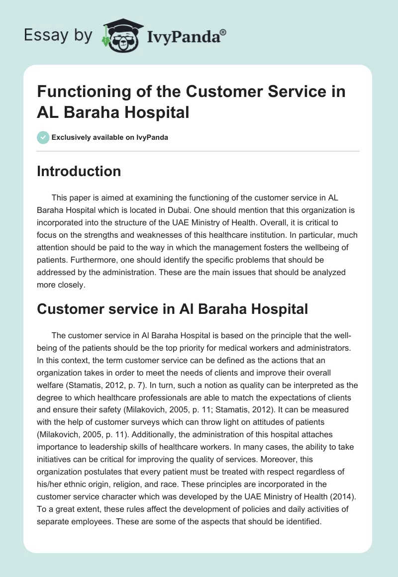 Functioning of the Customer Service in AL Baraha Hospital. Page 1