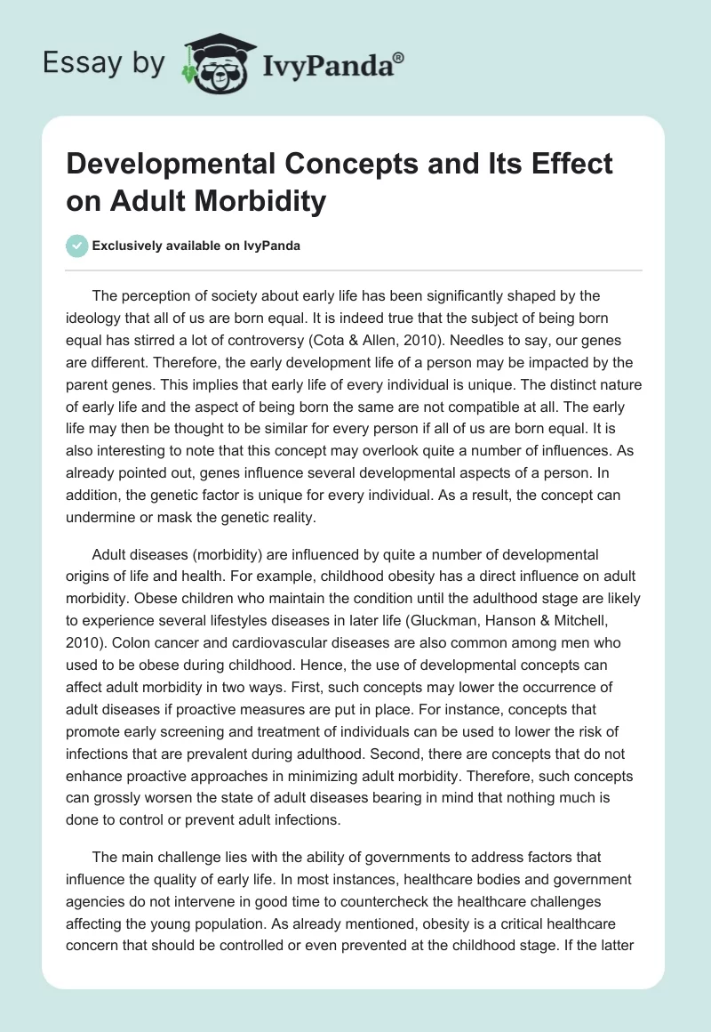 Developmental Concepts and Its Effect on Adult Morbidity. Page 1