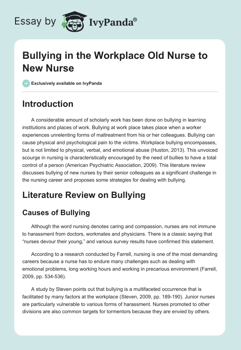 Bullying in the Workplace Old Nurse to New Nurse. Page 1