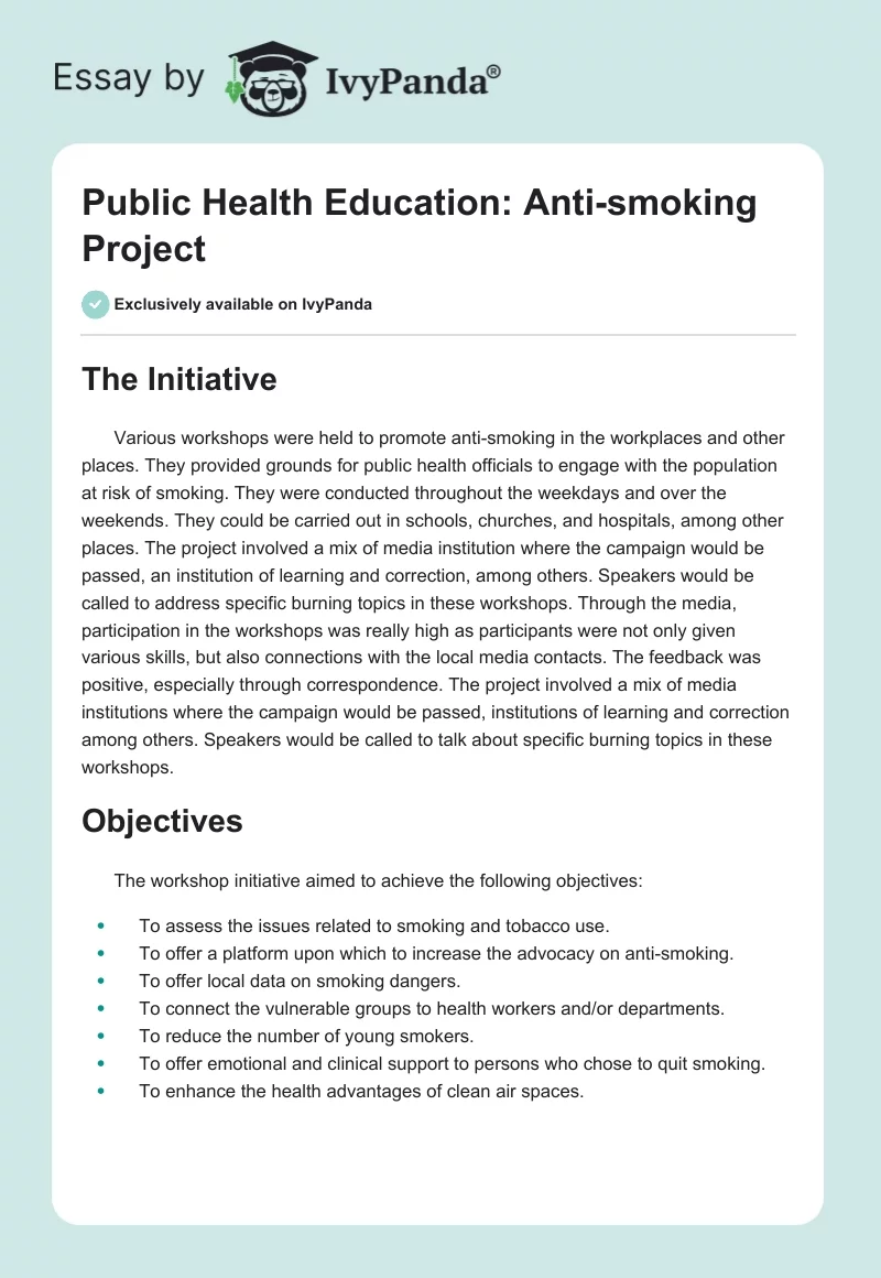 Public Health Education: Anti-smoking Project. Page 1