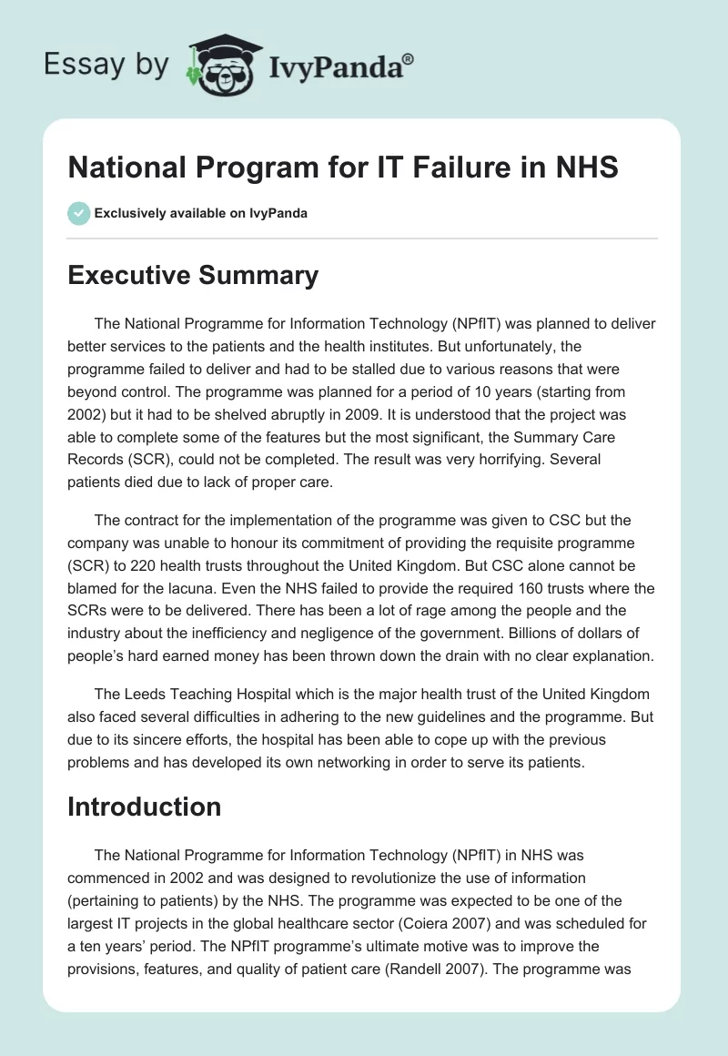 National Program for IT Failure in NHS. Page 1