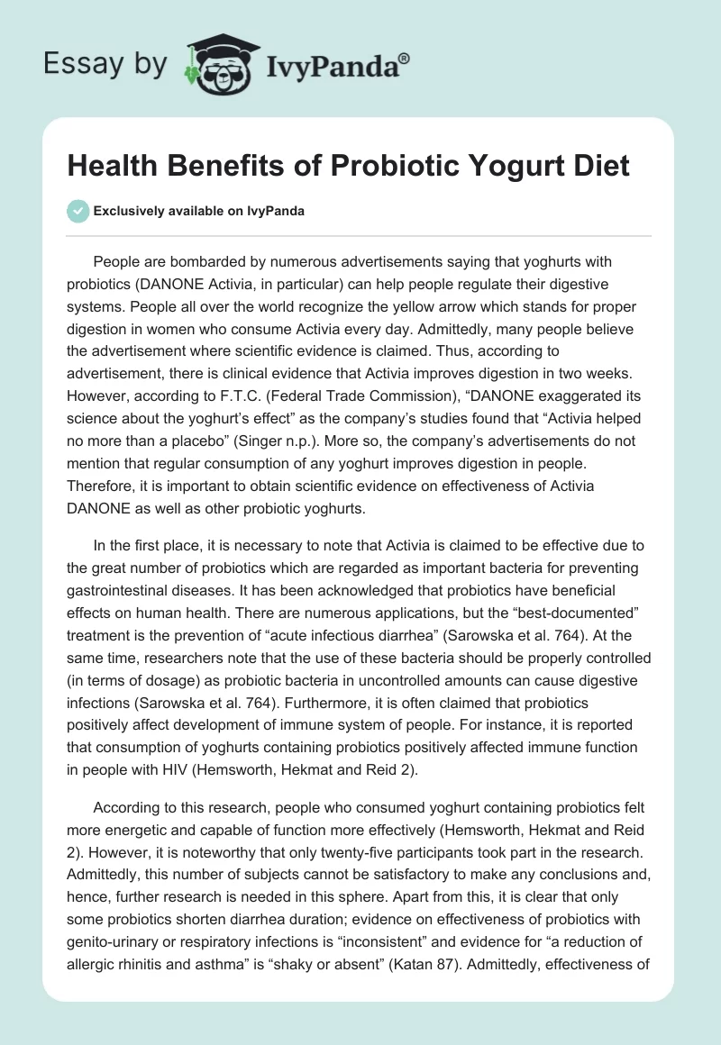 Health Benefits of Probiotic Yogurt Diet. Page 1