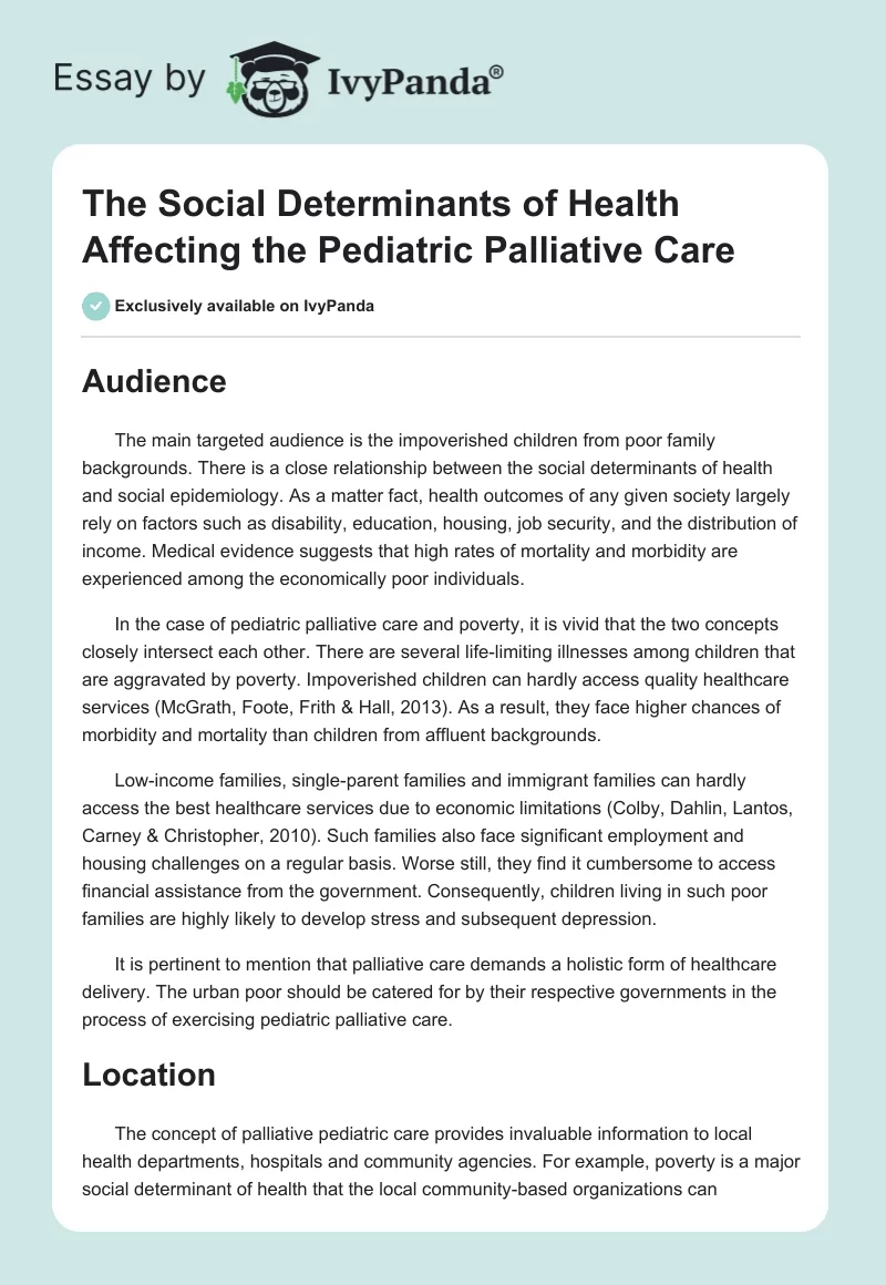 The Social Determinants of Health Affecting the Pediatric Palliative Care. Page 1