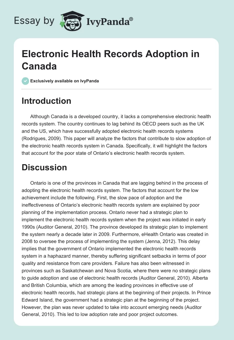 Electronic Health Records Adoption in Canada. Page 1