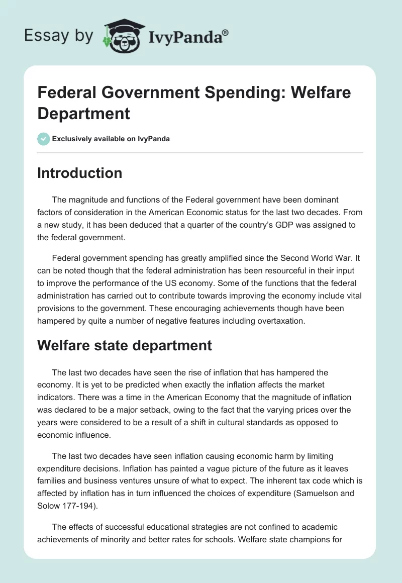 Federal Government Spending: Welfare Department. Page 1