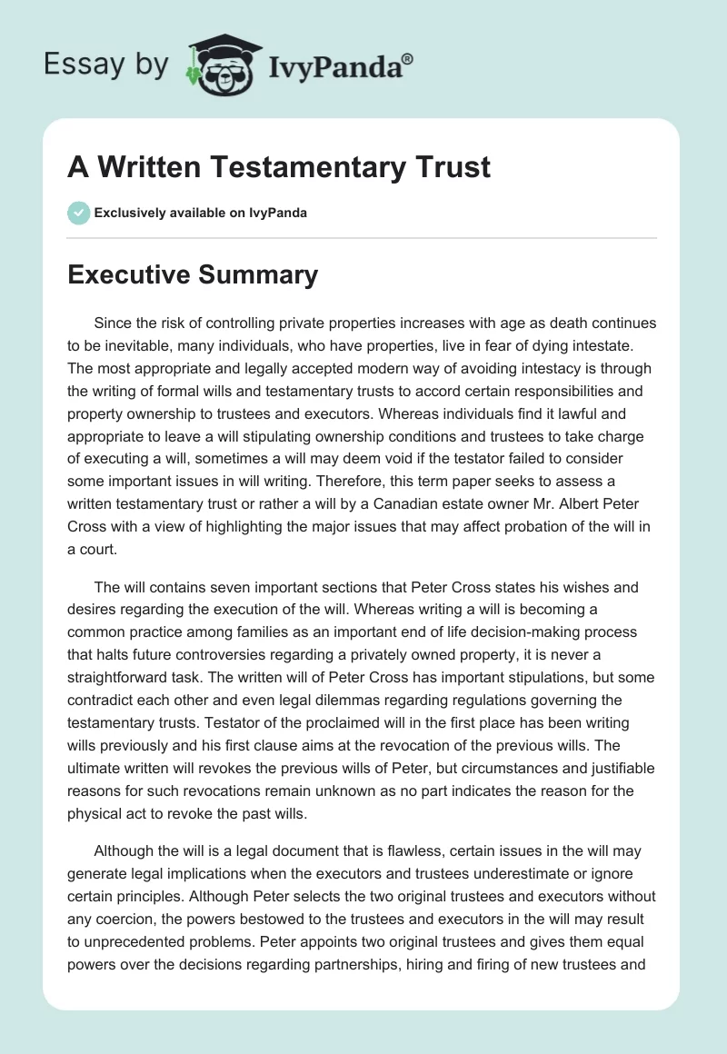 A Written Testamentary Trust. Page 1