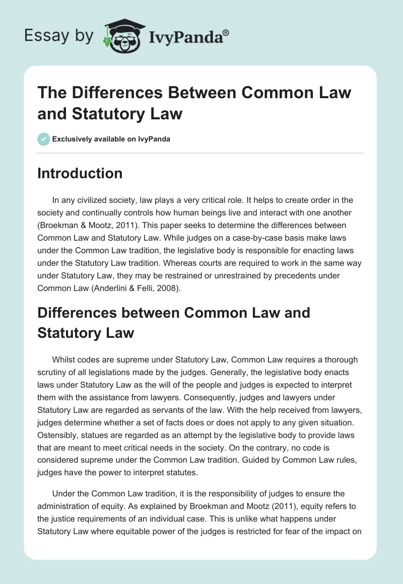 The Differences Between Common Law and Statutory Law. Page 1
