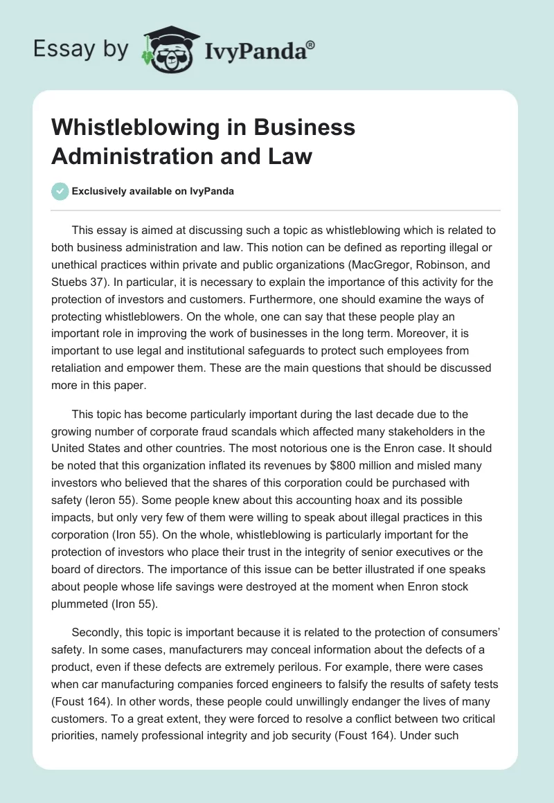 Whistleblowing in Business Administration and Law. Page 1