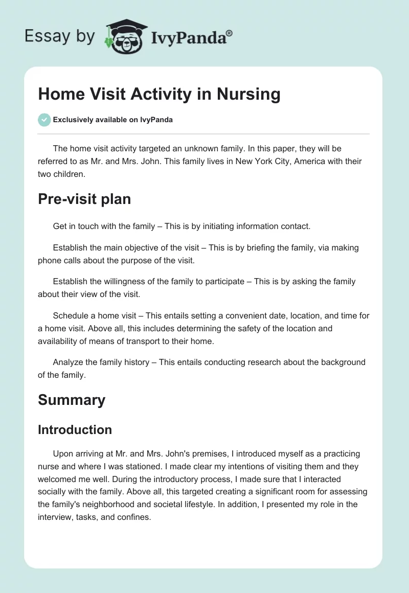 Home Visit Activity in Nursing. Page 1