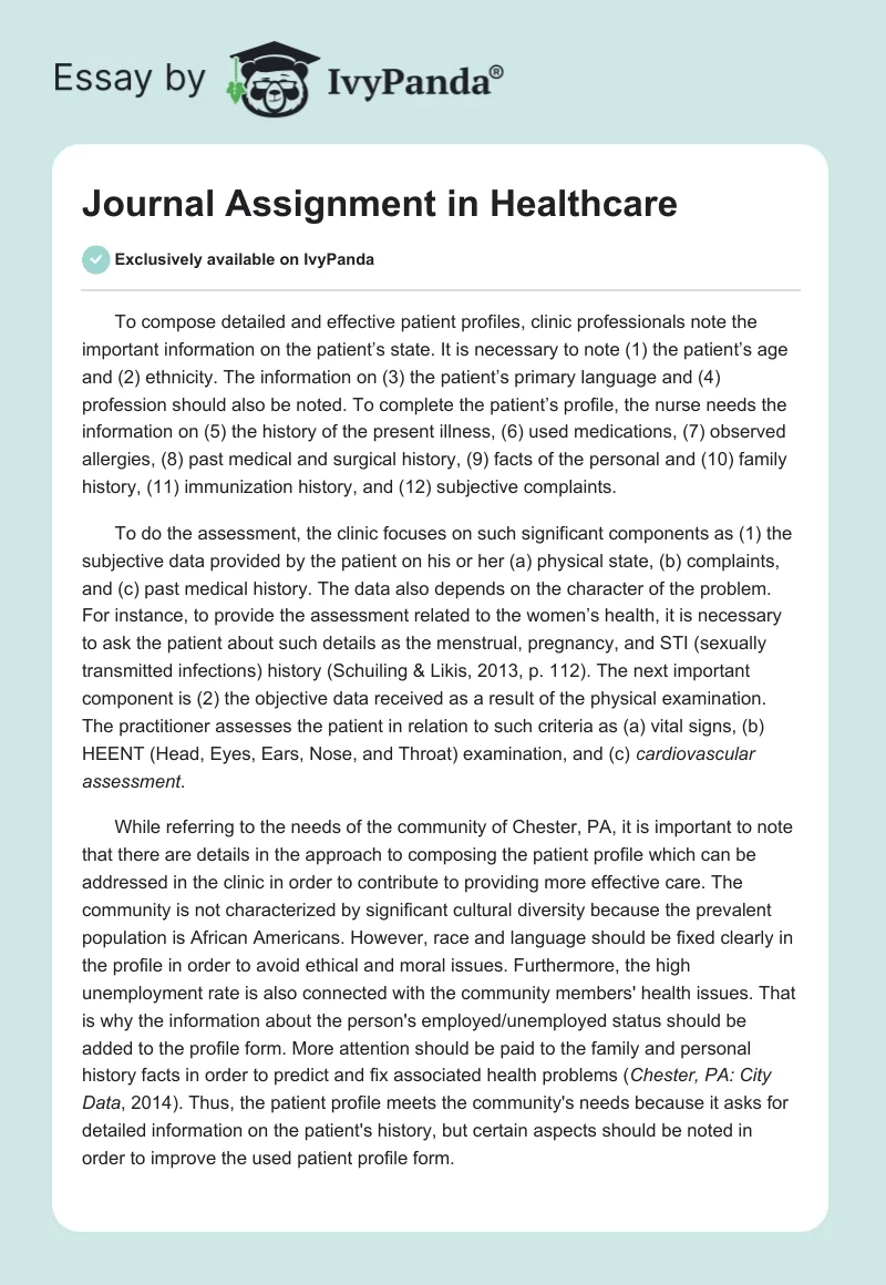 Journal Assignment in Healthcare. Page 1
