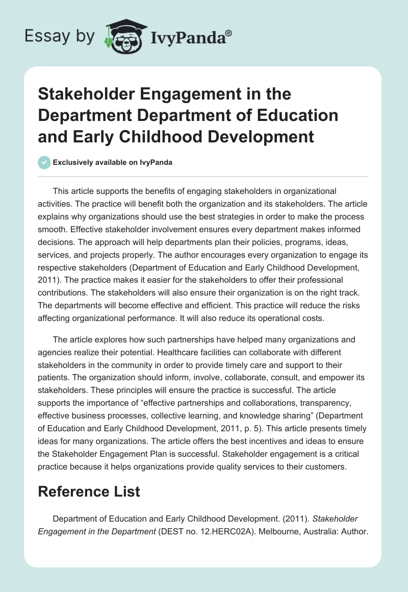 "Stakeholder Engagement in the Department" Department of Education and Early Childhood Development. Page 1