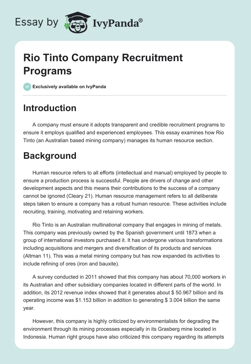 Rio Tinto Company Recruitment Programs. Page 1