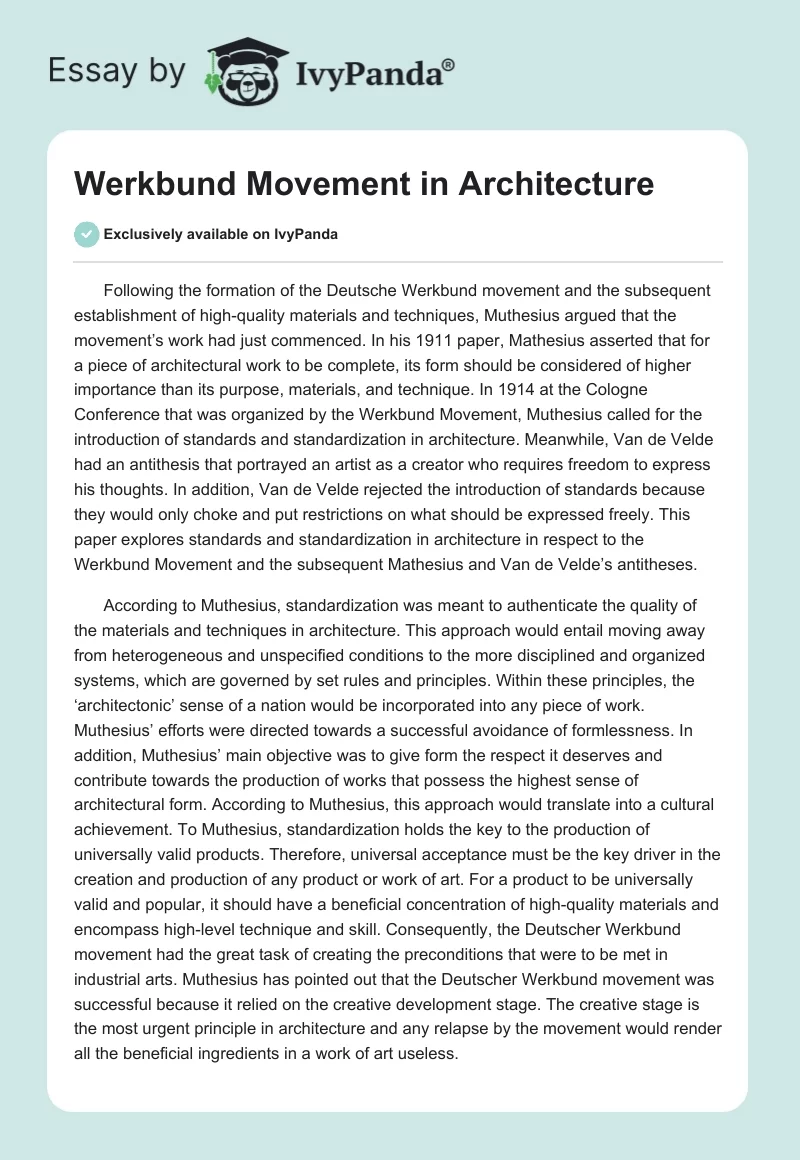 Werkbund Movement in Architecture. Page 1