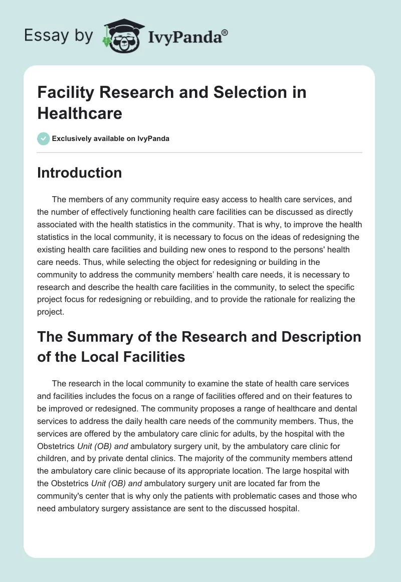 Facility Research and Selection in Healthcare. Page 1
