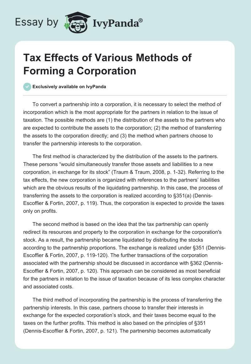 Tax Effects of Various Methods of Forming a Corporation. Page 1