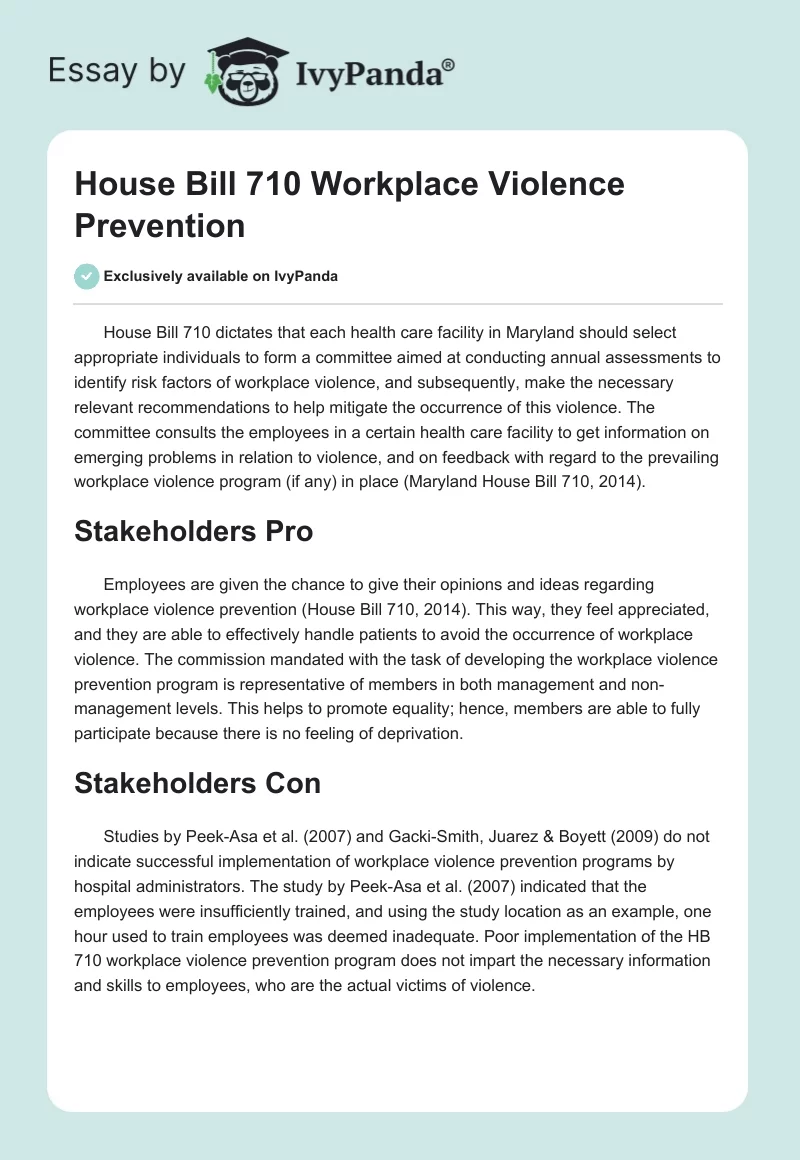 House Bill 710 Workplace Violence Prevention. Page 1