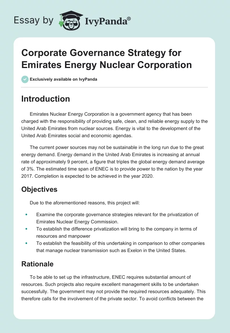 Corporate Governance Strategy for Emirates Energy Nuclear Corporation. Page 1