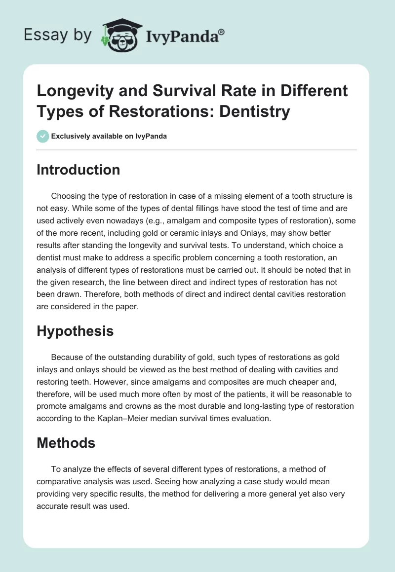 Longevity and Survival Rate in Different Types of Restorations: Dentistry. Page 1