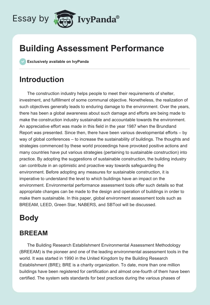 Building Assessment Performance. Page 1