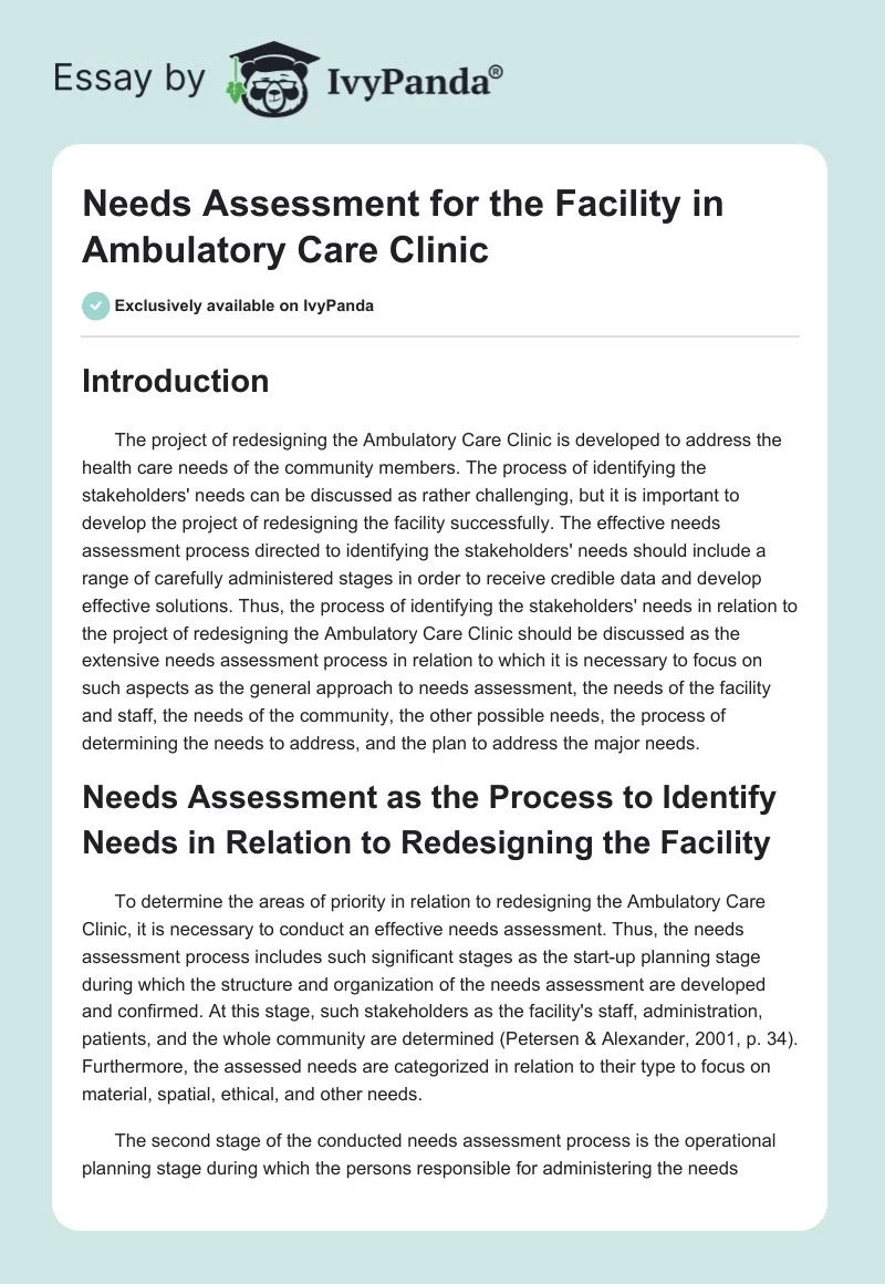 Needs Assessment for the Facility in Ambulatory Care Clinic. Page 1