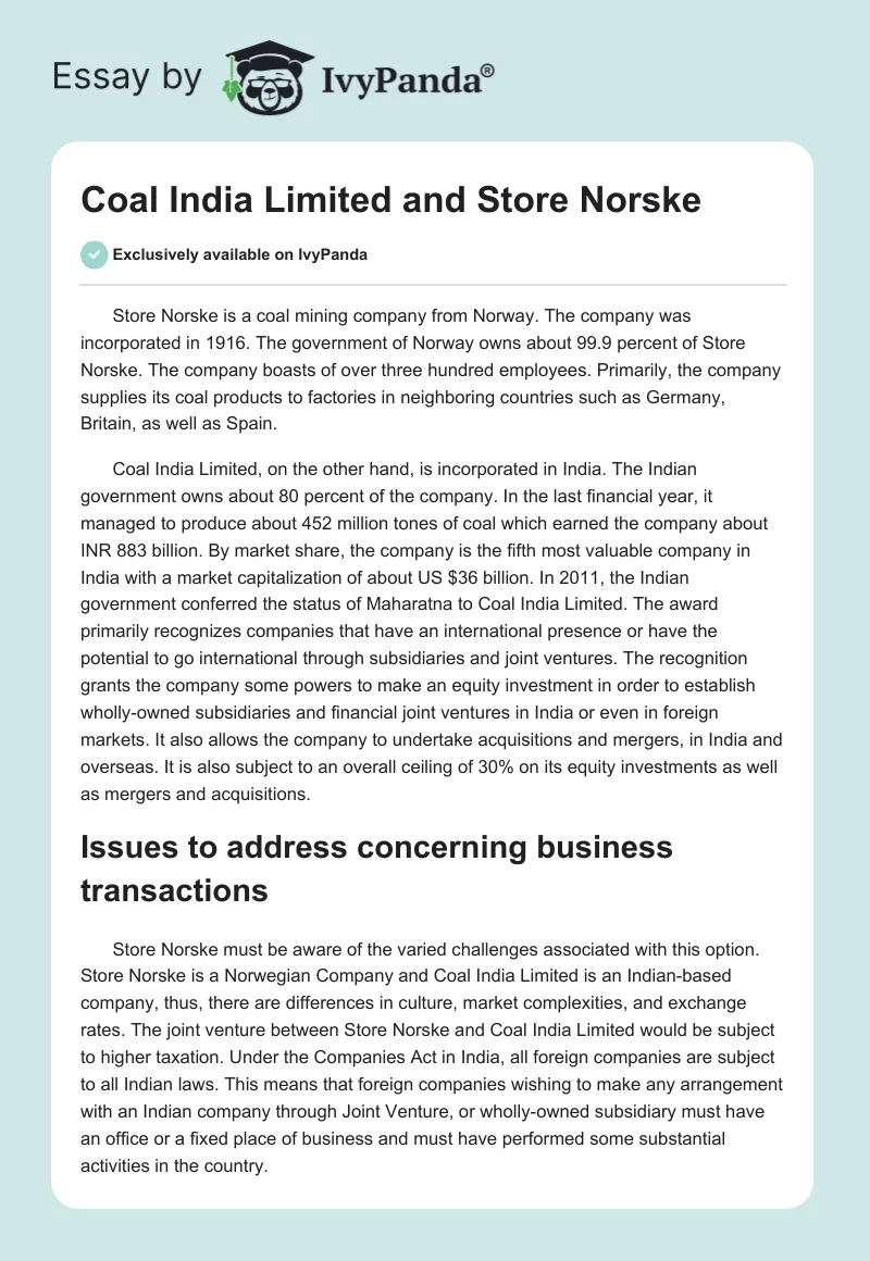 Coal India Limited and Store Norske. Page 1