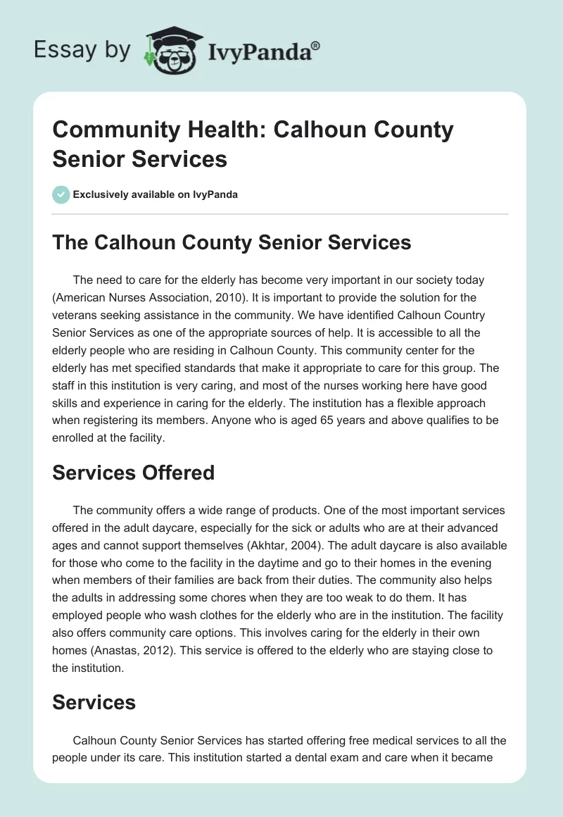 Community Health: Calhoun County Senior Services. Page 1