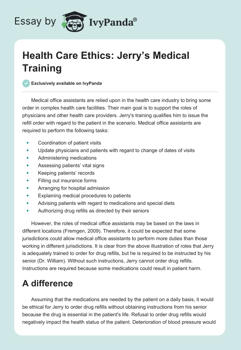 Health Care Ethics: Jerry’s Medical Training. Page 1