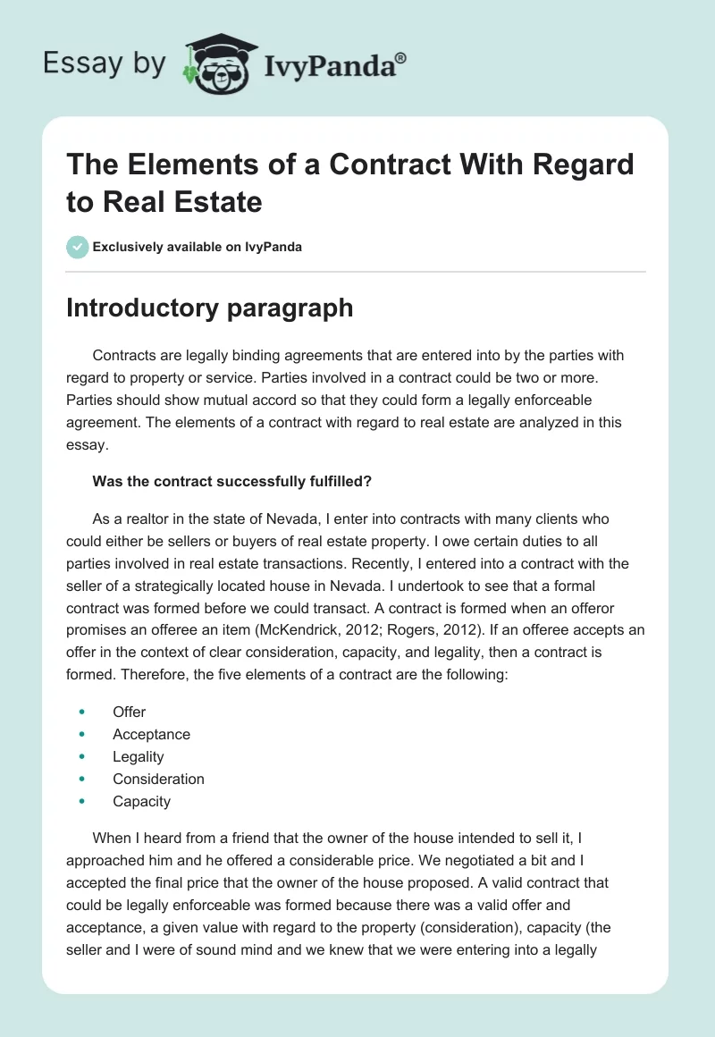The Elements of a Contract With Regard to Real Estate. Page 1