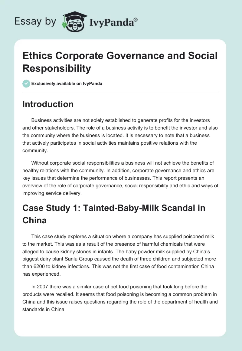 Ethics Corporate Governance and Social Responsibility. Page 1