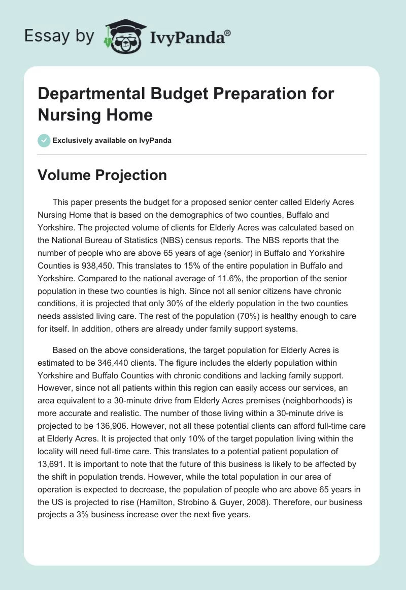 Departmental Budget Preparation for Nursing Home. Page 1