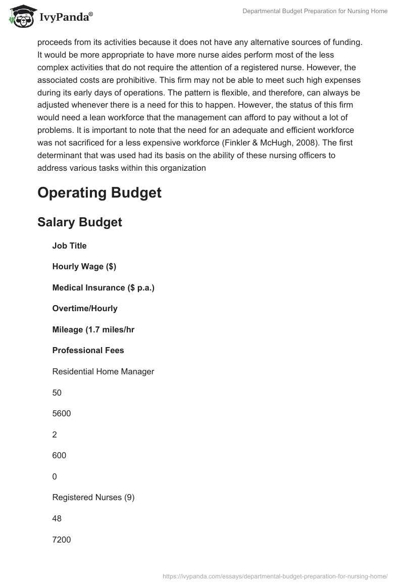 Departmental Budget Preparation for Nursing Home. Page 5