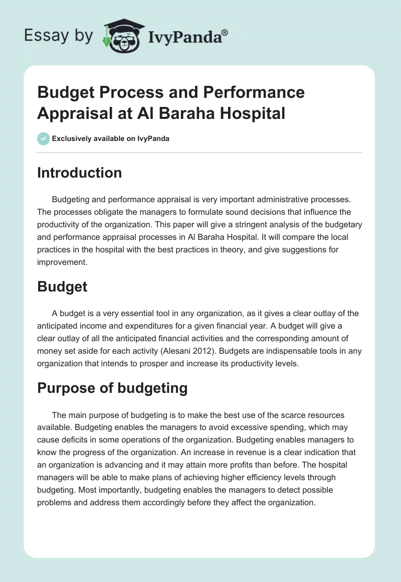 Budget Process and Performance Appraisal at Al Baraha Hospital. Page 1