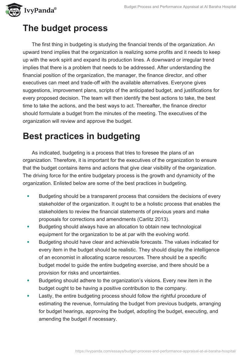 Budget Process and Performance Appraisal at Al Baraha Hospital. Page 2