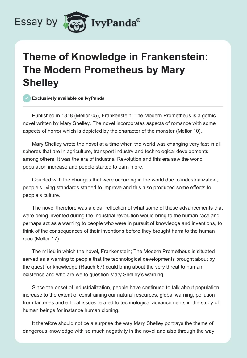 Theme of Knowledge in Frankenstein: The Modern Prometheus by Mary Shelley. Page 1