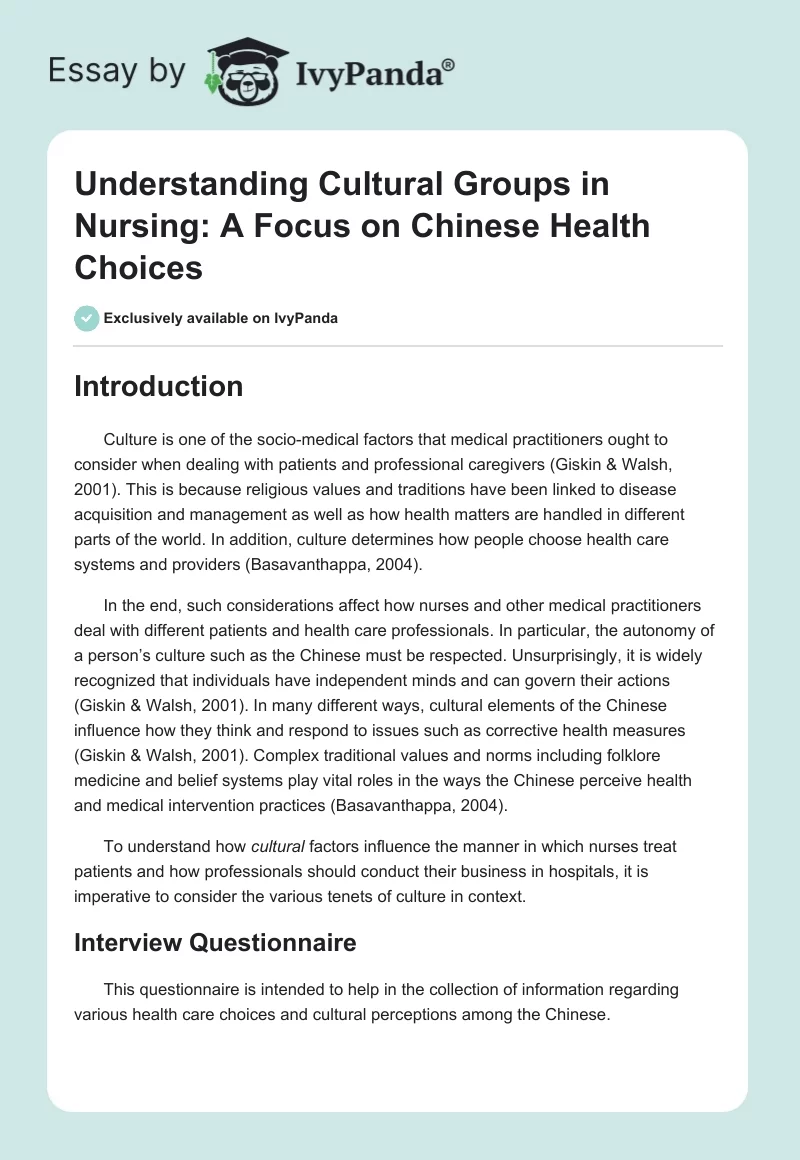 Understanding Cultural Groups in Nursing: A Focus on Chinese Health Choices. Page 1