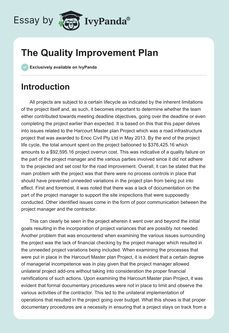 The Quality Improvement Plan. Page 1