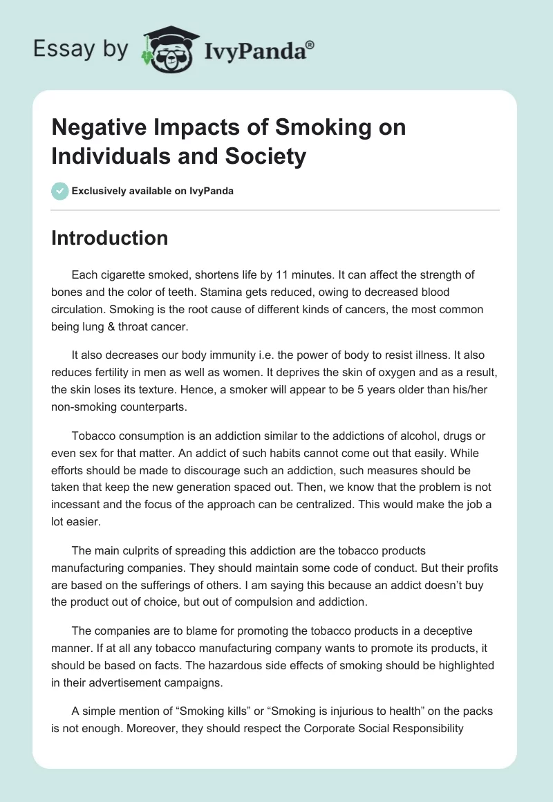 Negative Impacts of Smoking on Individuals and Society. Page 1