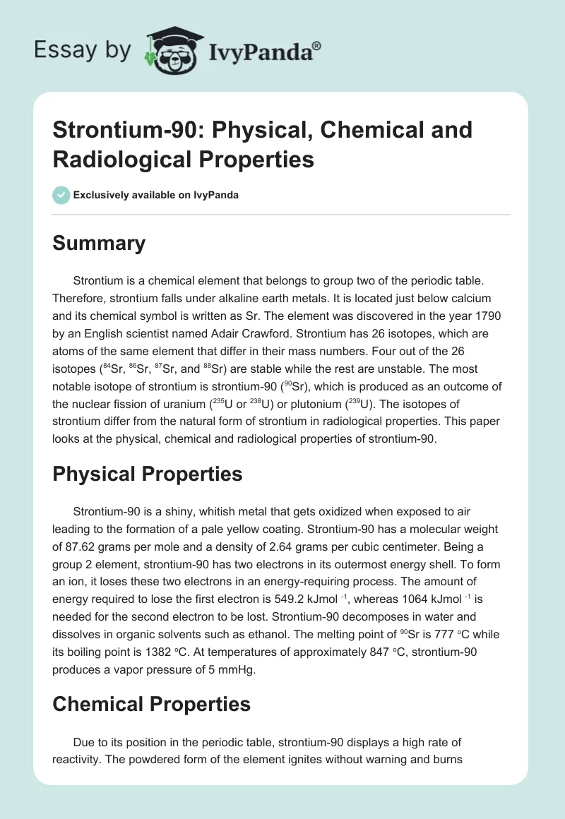 Strontium-90: Physical, Chemical and Radiological Properties. Page 1