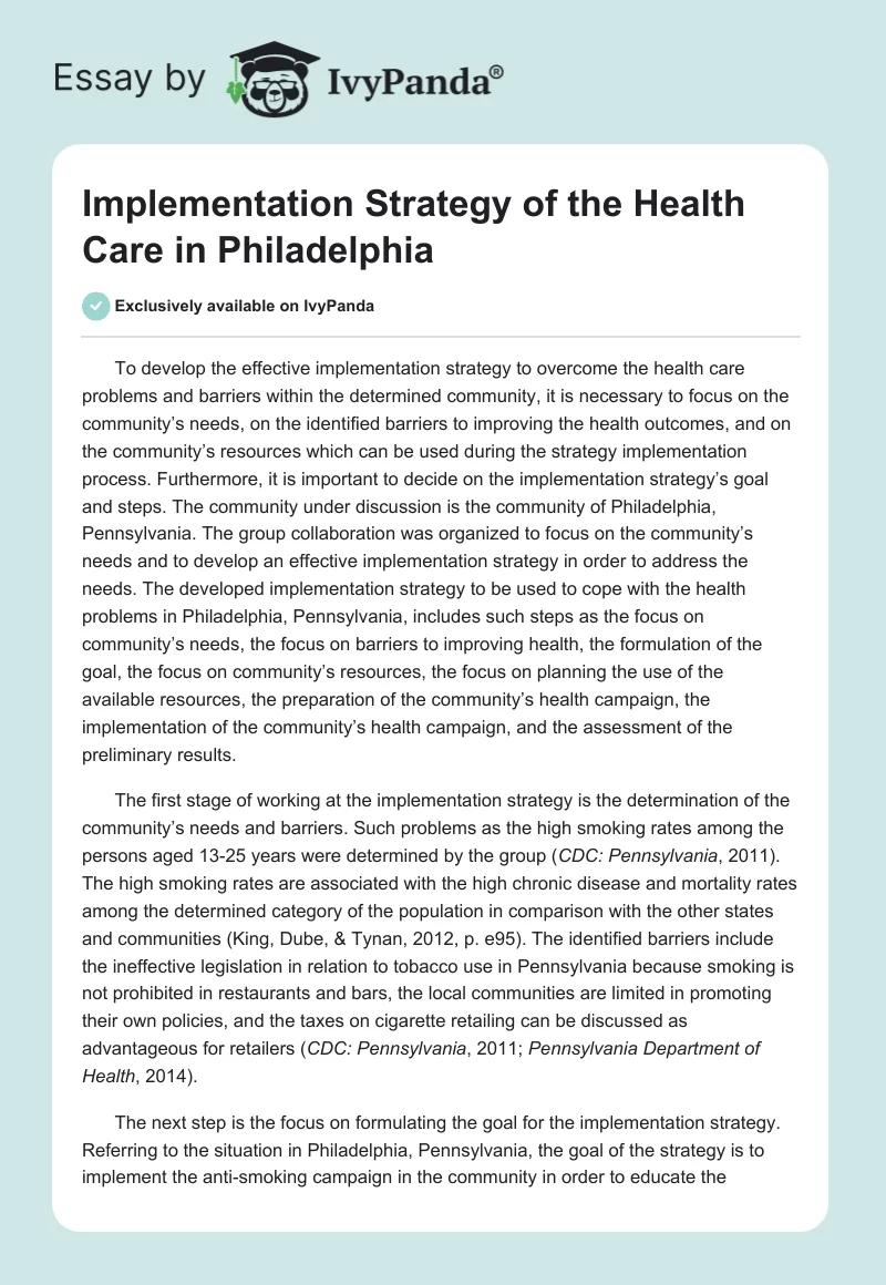 Implementation Strategy of the Health Care in Philadelphia. Page 1