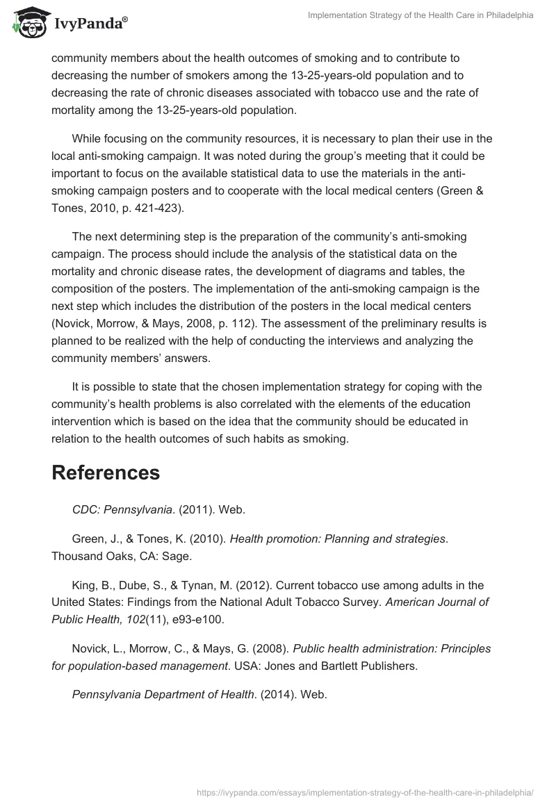 Implementation Strategy of the Health Care in Philadelphia. Page 2