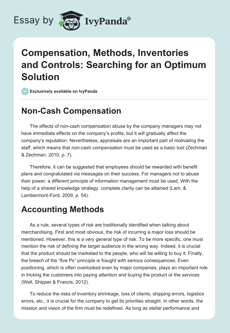 Compensation, Methods, Inventories and Controls: Searching for an Optimum Solution. Page 1