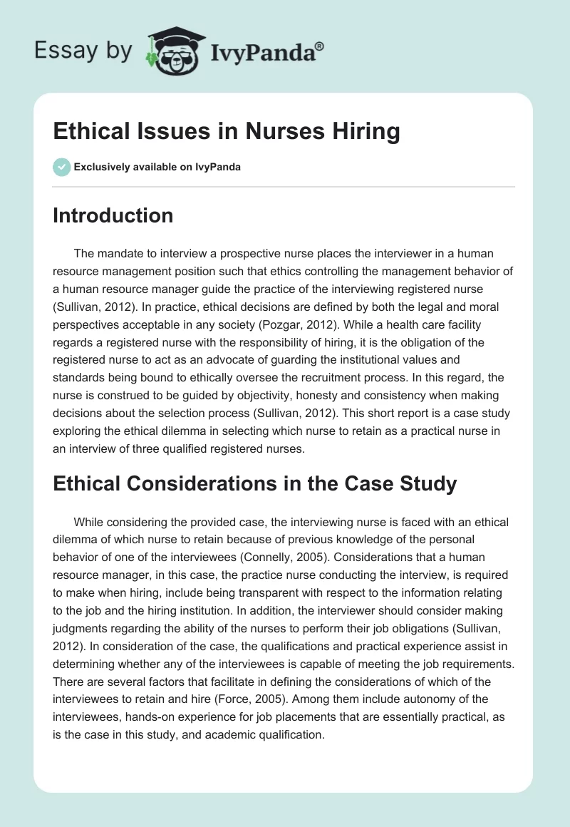 Ethical Issues in Nurses Hiring. Page 1